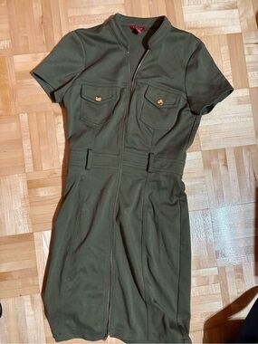 Guess Olive Green Short-Sleeve Zip Front Mini Dress